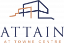 Attain at Towne Center apartment homes with Logo with abstract building lines above the text "ATTAIN AT TOWNE CENTRE" in blue and tan letters.