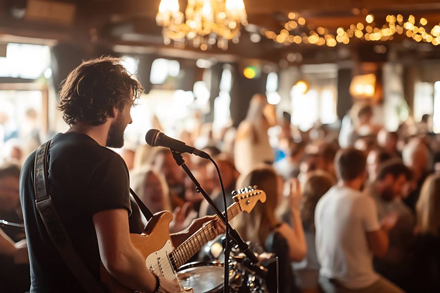 Attain on 5th apartment homes with Musician playing electric guitar and singing on stage in a lively, crowded bar with warm lighting.